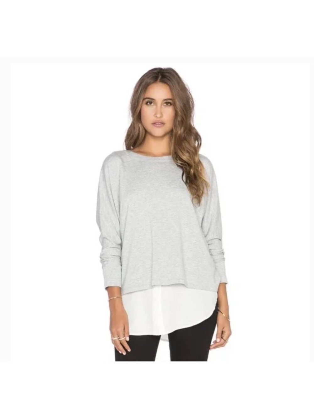 Vince Mixed Media Mock Layer Top Women's XS Gray White Shirttail Jersey Pullover